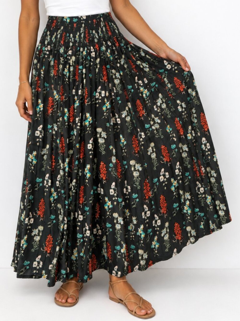 Natural Life Dark Gray Floral Maxi Skirt Boho Smocked Waist Flowy XS